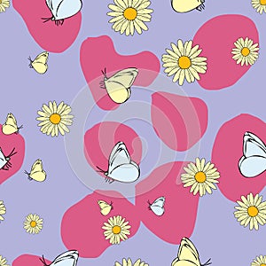 Vector purple background daisy flowers, wild flowers and butterflies, insects. Seamless pattern background