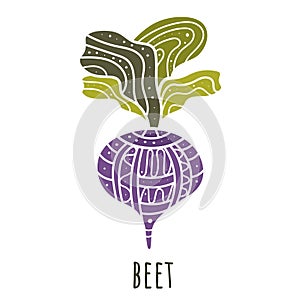 Vector purple beetroot with white mandala ornament. Logo of a vegan restaurant, environmentally friendly store, vegetable fair