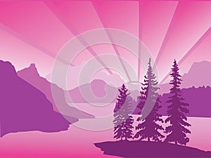 Vector purple landscape with mountains and spruces - for card, b