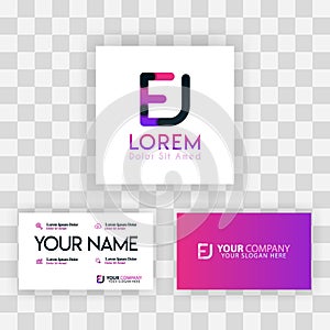 Vector Purple Modern Creative. Clean Business Card Template Concept. JE Letter logo Minimal Gradient Corporate. EJ Company Luxury