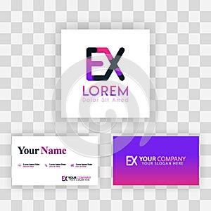 Vector Purple Modern Creative. Clean Business Card Template Concept. XE Letter logo Minimal Gradient Corporate. EX Company Luxury