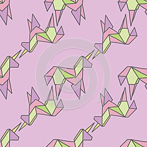 Vector purple Origami magical unicorns background pattern