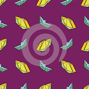 Vector Purple small Origami paper boats background pattern