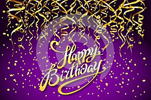 Vector purple party background. Happy Birthday Celebration Design, Vector gold confetti Elements, Greeting Card Template Violet Co