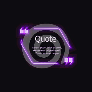 Vector Purple Quotation Frame, Design Element Template Glowing on Dark Background, Isolated.