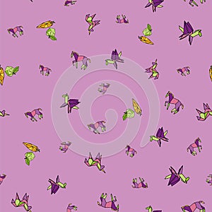 Vector Purple small Origami pegasus and unicorns with apple and carrots background pattern