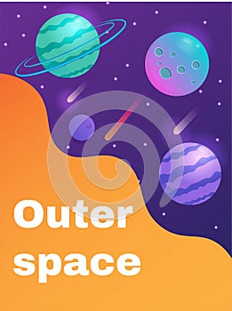 Vector purple space background with planets, stars and comets. Editable template for brochure, flyer. Planets of the solar system