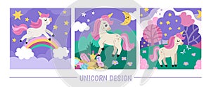 Vector purple unicorn scenes set. Square pink backgrounds collection with little horse. Fantasy world illustrations with rainbow,