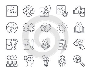 Vector puzzle icons. Editable stroke line icon set. Simple elements teamwork problem solving. Questions and answers decision