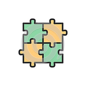 Vector puzzle, jigsaw, square, integrity, problem solving flat color line icon.