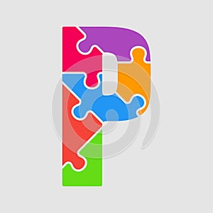 Vector puzzle piece letter - P. Jigsaw font shape.