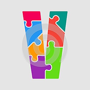 Vector puzzle piece letter - V. Jigsaw font shape.