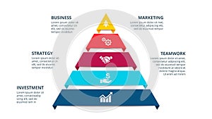 Vector pyramid infographic with 5 options. Business presentation template. Can be used for workflow layout, diagram