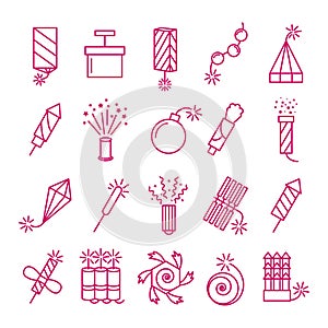 Vector pyrotechnic icons set. Celebration festival dynamite fireworks with sparks and explosions signs photo