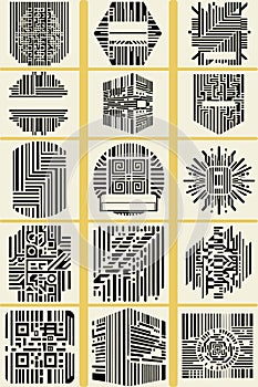 Vector QR Code and Barcode Mega-Set (15 works). Ornamental QR Code and Barcode Stamps and Badges