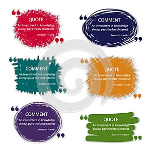 Vector quote blank template. Artistic quote bubble. Empty template. Grunge brush strokes, painted commas and frame