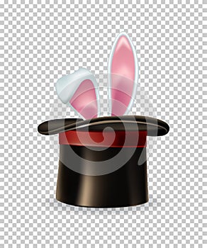 Vector rabbit ears appear from the magic hat isolated on transparent background. photo