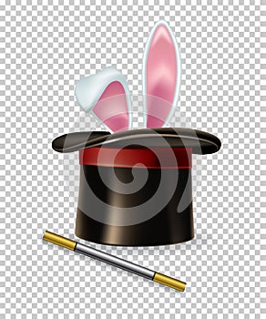 Vector rabbit ears appear from the magic hat and magic wand isolated on transparent background.