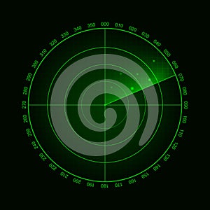 Vector radar screen. Military search system in action with targets. Technology HUD design