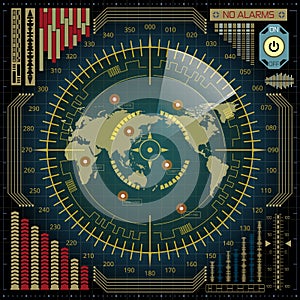 Vector radar screen with world map, targets and futuristic user interface