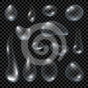 Vector rain drop set. Clear water drops isolated on transparent background