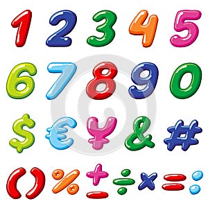 Vector rainbow candy numbers and glossy funny cartoon children alphabet symbols