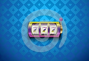 Vector rainbow color casino slot machine with lucky seven. Blue silk geometric card suits background. Online casino web banner