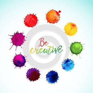 Vector rainbow watercolor blobs. Circle frame of