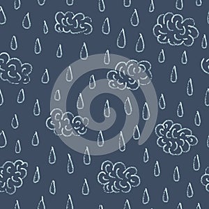 Vector rainy clouds navy blue seamless pattern
