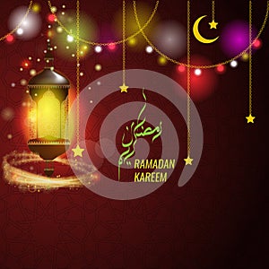 Vector Ramadan kareem greeting card design with hanging lantern or fanoos.