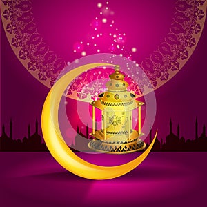 Vector Ramadan kareem vector greetings design with lantern or fanoos mock up with pink background.