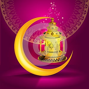 Vector Ramadan kareem vector greetings design with lantern or fanoos mock up with pink background.