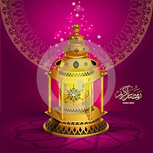 Vector Ramadan kareem vector greetings design with lantern or fanoos mock up with pink background.