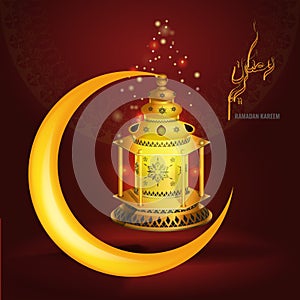 Vector Ramadan kareem vector greetings design with lantern or fanoos mock up with red background.