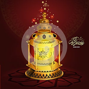 Vector Ramadan kareem vector greetings design with lantern or fanoos mock up with red background.