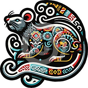 Vector Rat Icon Inspired by Mongolian Folk Art. Part of Chinese Zodiac Icon Set