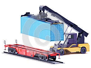 Vector reach stacker with container and railroad car