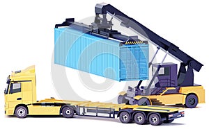 Vector reach stacker with container and truck
