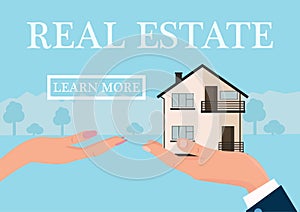 Vector real estate concept in flat style - businessmans hand giving house to buyer, web banner, houses for sale or rent