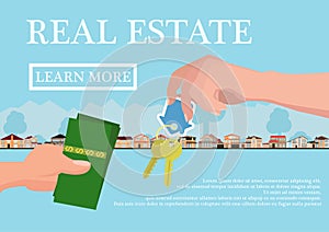 Vector real estate concept in flat style - businessmans hand giving keys and buyer give money, web banner, houses for