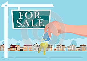 Vector real estate concept in flat style - hands giving keys, banner for sale, houses for sale or rent. vector