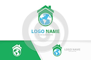 Vector real estate and globe logo combination. House and world logotype design template.