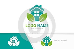 Vector real estate and leaves logo combination. Unique organic house logotype design template.