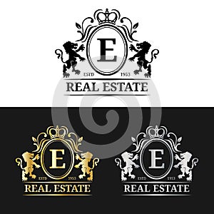 Vector real estate monogram logo templates.Luxury letters design.Graceful vintage characters with crown and lion symbols