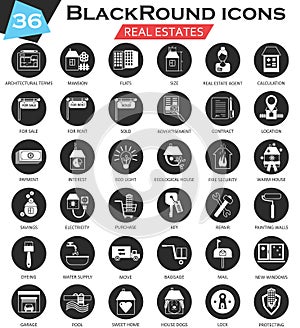 Vector Real estates circle white black icon set. Ultra modern icon design for web.