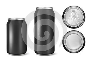 Vector realistic 3d black empty glossy metal black aluminium beer pack or can visual 330ml 500ml. Can be used for lager