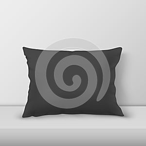 Vector Realistic 3d Black Pillow Closeup on Table, Shelf Closeup on White Wall Background, Mock-up. Empty Pillow Design