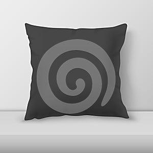 Vector Realistic 3d Black Pillow Closeup on Table, Shelf Closeup on White Wall Background, Mock-up. Empty Square Pillow