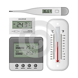 Vector realistic 3d celsius and fahrenheit meteorology, weather, electronic medical and aquarium thermometer icon set