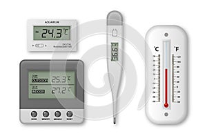 Vector realistic 3d celsius and fahrenheit meteorology, weather, electronic medical and aquarium thermometer icon set